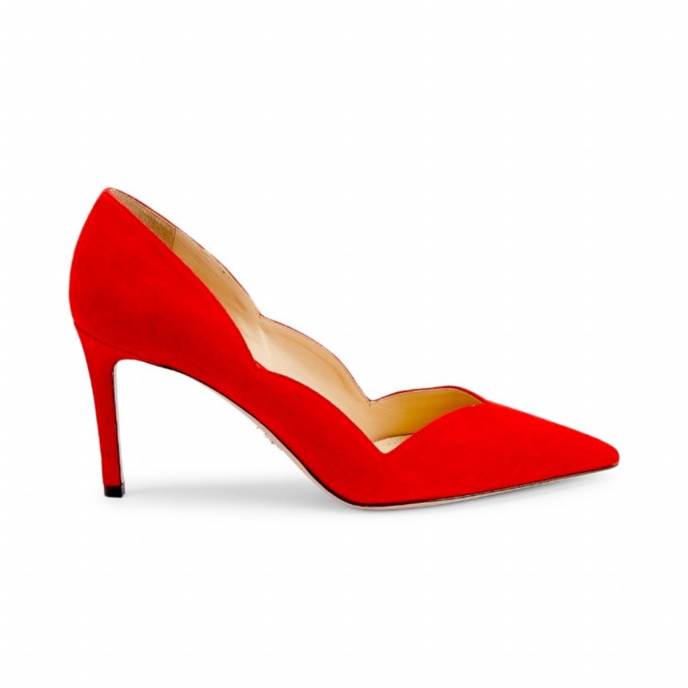 PRADA SUEDE SCALLOP PUMP IN RICH RED SUEDE 85MM COVERED STILETTO HEEL SZ EU 38.5